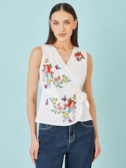 Yumi White Stretch Cotton Embroidered Wrap Top - Image 1 of 5