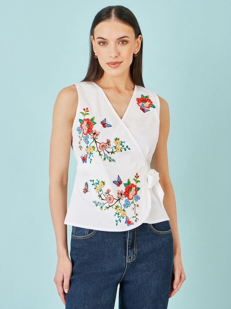 Yumi White Stretch Cotton Embroidered Wrap Top - Image 1 of 5