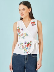 Yumi White Stretch Cotton Embroidered Wrap Top - Image 2 of 5