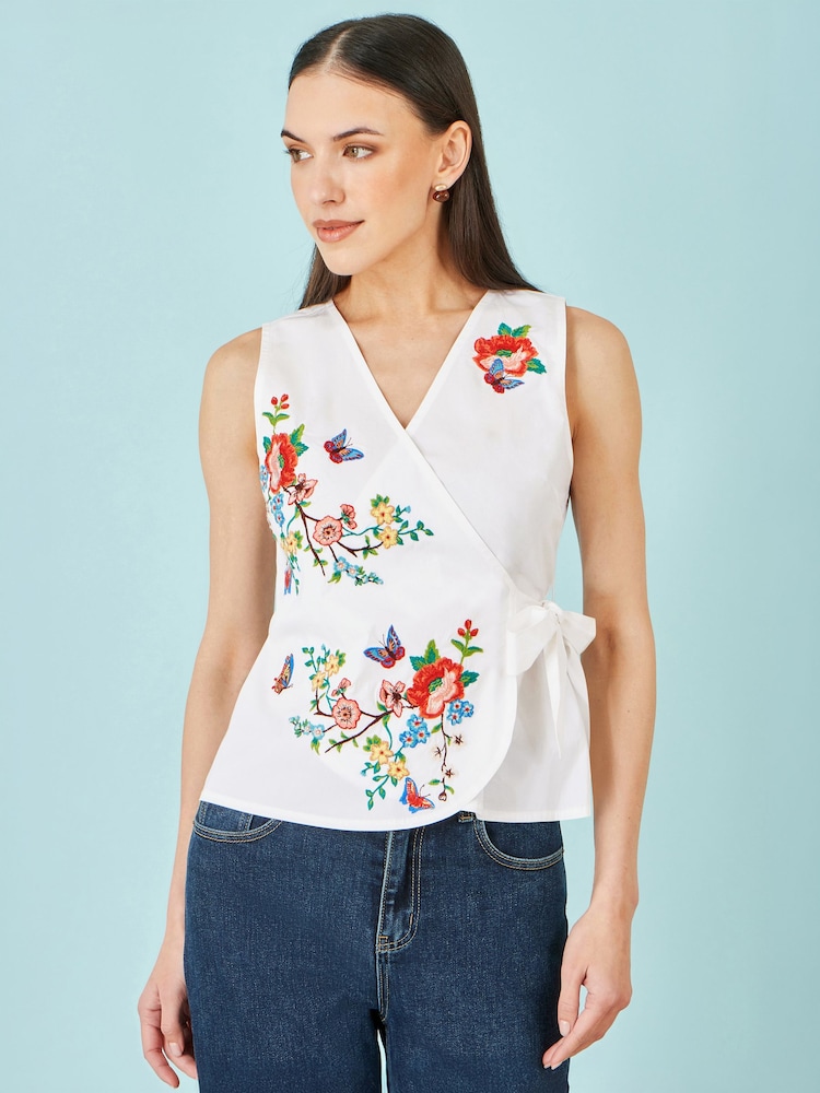 Yumi White Stretch Cotton Embroidered Wrap Top - Image 2 of 5