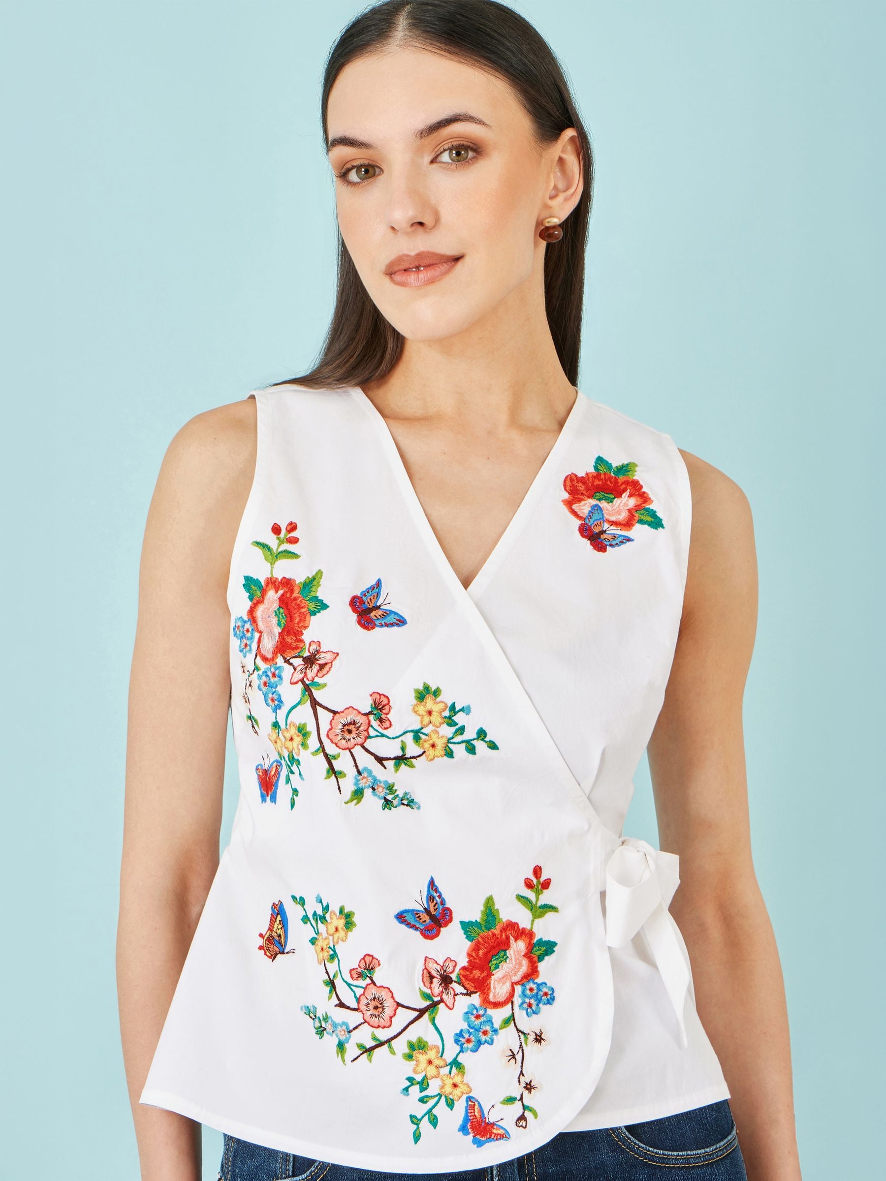 Buy Yumi White Stretch Cotton Embroidered Wrap Top from Next Norway