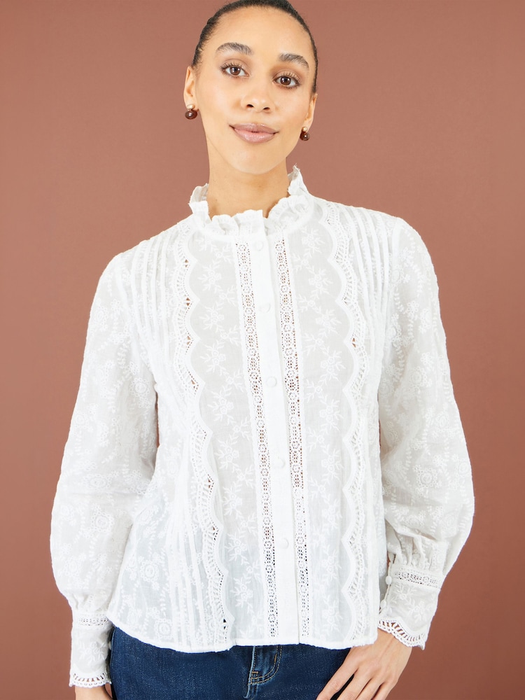 Yumi White Cotton Shirt With Lace Details - Image 1 of 5 Yumi White Cotton Shirt With Lace Details - Image 1 of 5