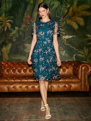 Yumi Blue Embroidered Floral Mesh Prom Dress - Image 1 of 5