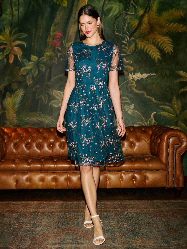 Yumi Blue Embroidered Floral Mesh Prom Dress - Image 1 of 5
