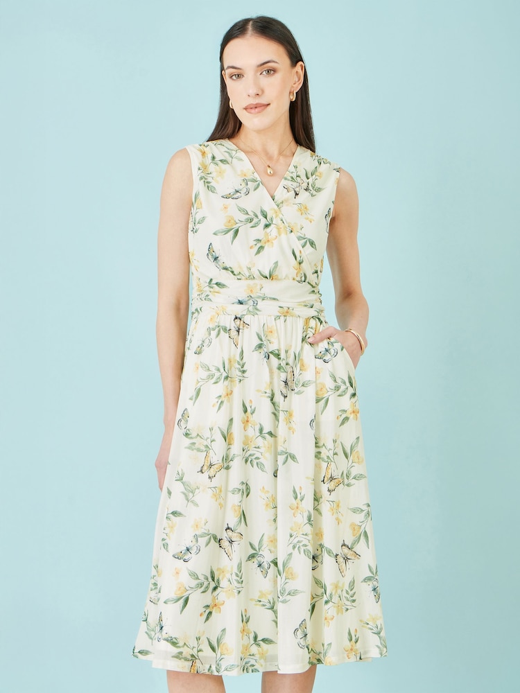 Yumi Cream Floral Mesh Stretch Midi Dress With Pockets - Image 1 of 5 Yumi Cream Floral Mesh Stretch Midi Dress With Pockets - Image 1 of 5