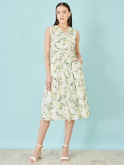 Yumi Cream Floral Mesh Stretch Midi Dress With Pockets - Image 2 of 5