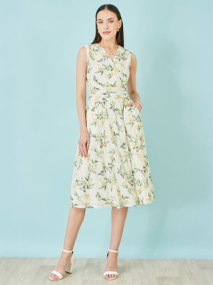 Yumi Cream Floral Mesh Stretch Midi Dress With Pockets - Image 2 of 5 Yumi Cream Floral Mesh Stretch Midi Dress With Pockets - Image 2 of 5