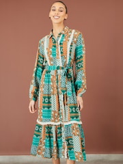 Yumi Blue Patchwork Viscose Midi Shirt Dress - Image 1 of 5