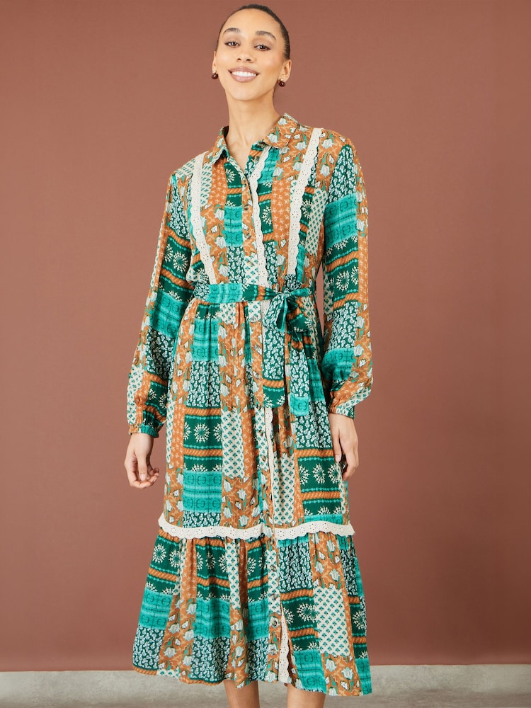 Yumi Blue Patchwork Viscose Midi Shirt Dress - Image 1 of 5