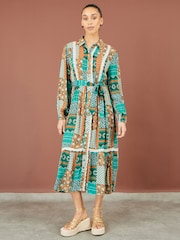 Yumi Blue Patchwork Viscose Midi Shirt Dress - Image 2 of 5
