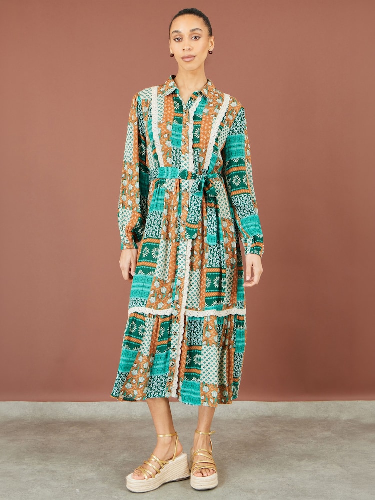 Yumi Blue Patchwork Viscose Midi Shirt Dress - Image 2 of 5