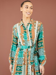Yumi Blue Patchwork Viscose Midi Shirt Dress - Image 3 of 5