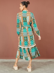 Yumi Blue Patchwork Viscose Midi Shirt Dress - Image 4 of 5