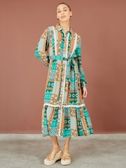 Yumi Blue Patchwork Viscose Midi Shirt Dress - Image 5 of 5