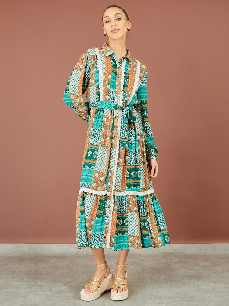 Yumi Blue Patchwork Viscose Midi Shirt Dress - Image 5 of 5