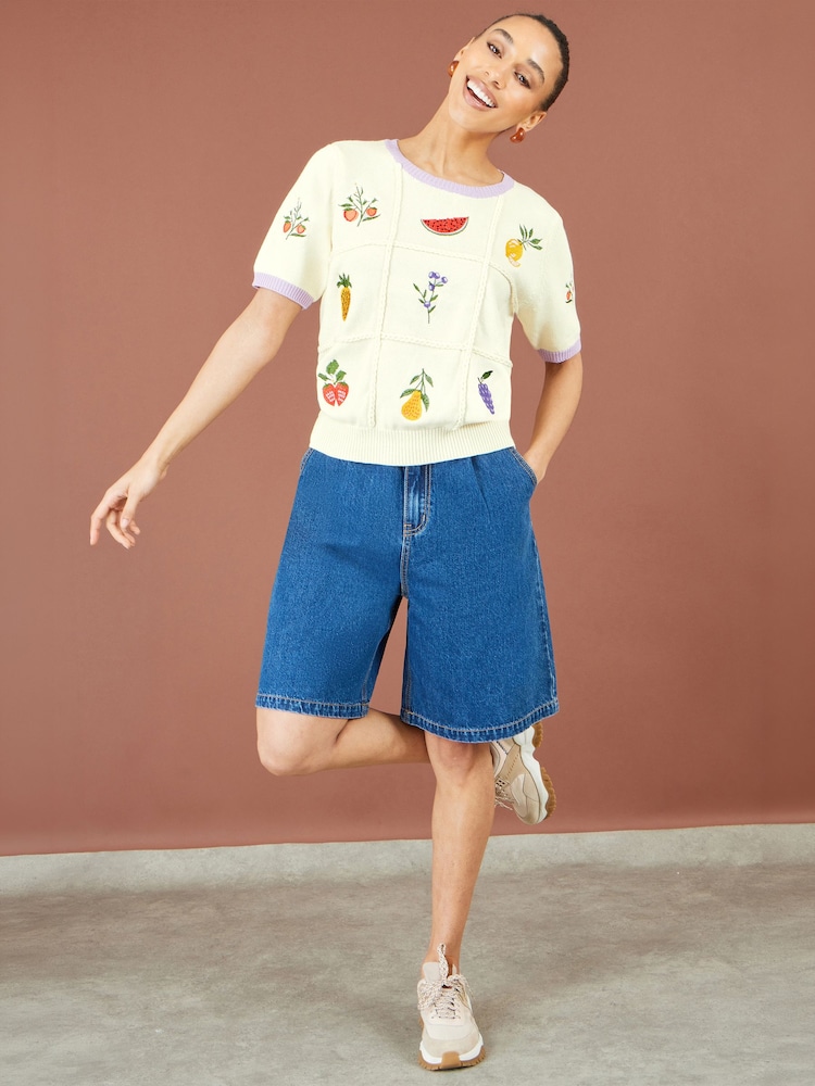 Yumi Cream Fruit Cotton Knitted Top - Image 2 of 5 Yumi Cream Fruit Cotton Knitted Top - Image 2 of 5