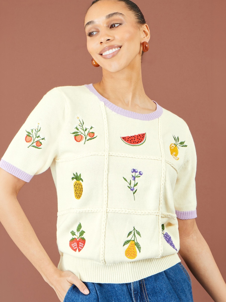 Yumi Cream Fruit Cotton Knitted Top - Image 5 of 5 Yumi Cream Fruit Cotton Knitted Top - Image 5 of 5