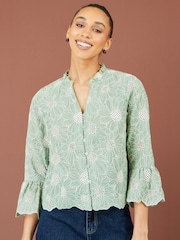 Yumi Green Daisy Broderie Shirt With Fluted Sleeves - Image 1 of 5