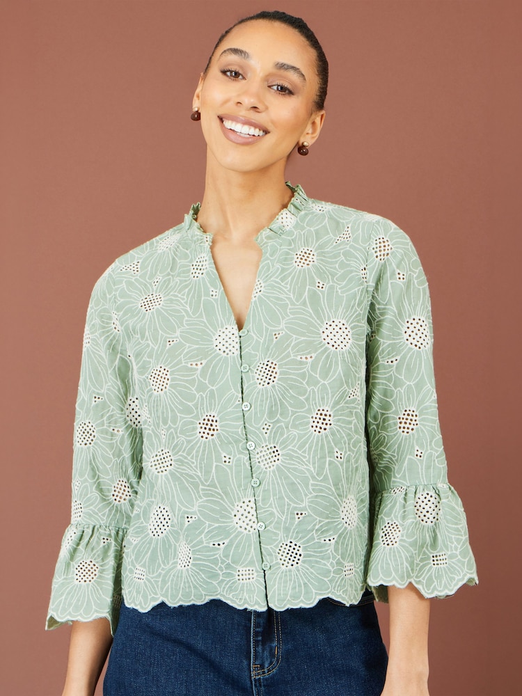 Yumi Green Daisy Broderie Shirt With Fluted Sleeves - Image 1 of 5