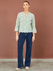 Yumi Green Daisy Broderie Shirt With Fluted Sleeves - Image 2 of 5
