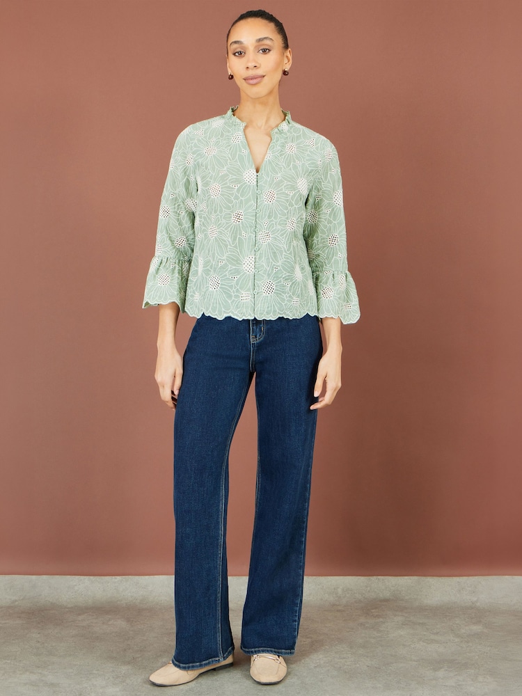 Yumi Green Daisy Broderie Shirt With Fluted Sleeves - Image 2 of 5
