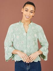 Yumi Green Daisy Broderie Shirt With Fluted Sleeves - Image 3 of 5