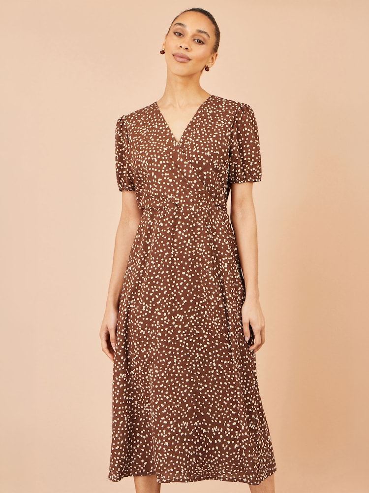 Yumi Brown Spot Midi Dress With Split Hemline - Image 1 of 5 Yumi Brown Spot Midi Dress With Split Hemline - Image 1 of 5