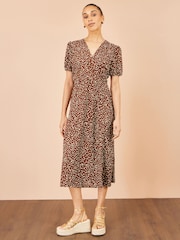 Yumi Brown Spot Midi Dress With Split Hemline - Image 2 of 5