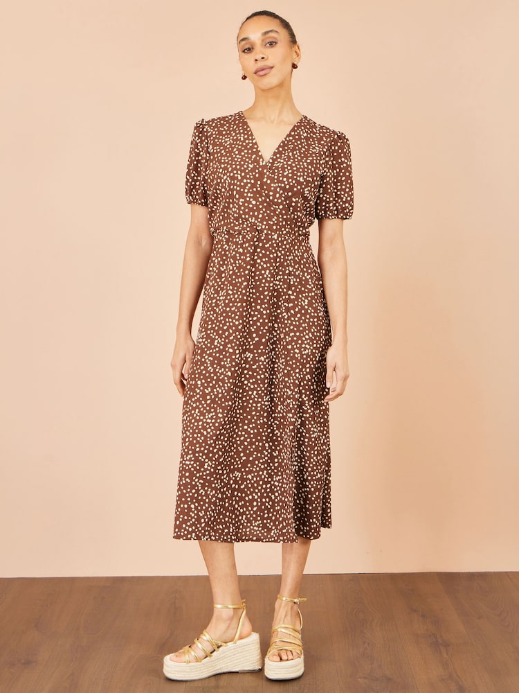 Yumi Brown Spot Midi Dress With Split Hemline - Image 2 of 5 Yumi Brown Spot Midi Dress With Split Hemline - Image 2 of 5