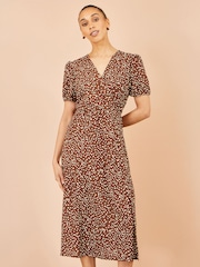 Yumi Brown Spot Midi Dress With Split Hemline - Image 5 of 5