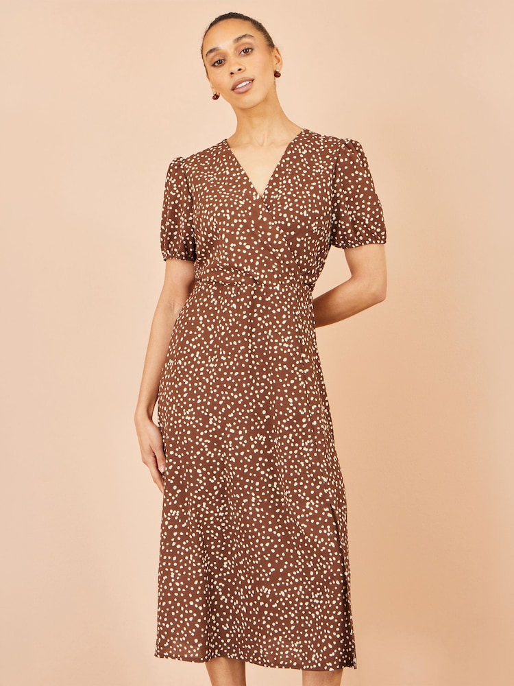 Yumi Brown Spot Midi Dress With Split Hemline - Image 5 of 5 Yumi Brown Spot Midi Dress With Split Hemline - Image 5 of 5