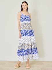 Yumi Blue Patchwork Print Tiered Maxi Dress - Image 1 of 5