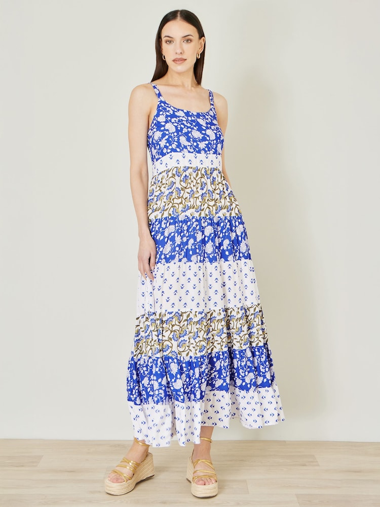 Yumi Blue Patchwork Print Tiered Maxi Dress - Image 1 of 5 Yumi Blue Patchwork Print Tiered Maxi Dress - Image 1 of 5