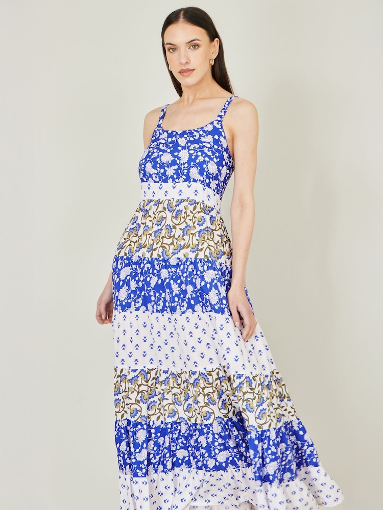 Yumi Blue Patchwork Print Tiered Maxi Dress - Image 2 of 5 Yumi Blue Patchwork Print Tiered Maxi Dress - Image 2 of 5