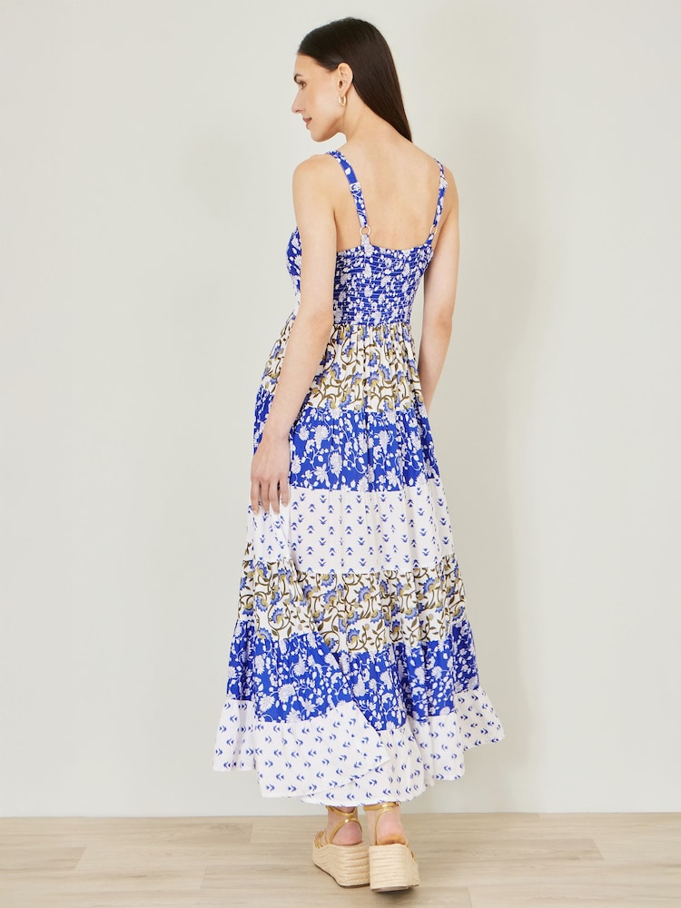 blue patchwork maxi dress Blue Floral Patchwork Midi Dress Moda Boutique