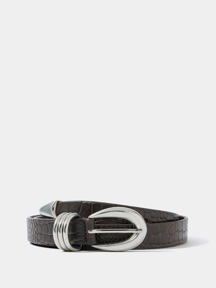 Mint Velvet Brown Leather Croc Textured Belt - Image 1 of 3 Mint Velvet Brown Leather Croc Textured Belt - Image 1 of 3