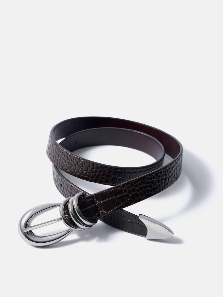 Mint Velvet Brown Leather Croc Textured Belt - Image 2 of 3 Mint Velvet Brown Leather Croc Textured Belt - Image 2 of 3
