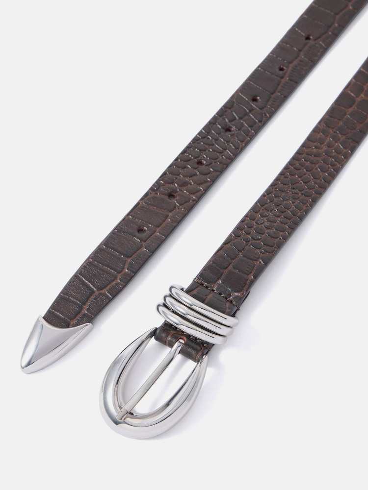 Mint Velvet Brown Leather Croc Textured Belt - Image 3 of 3 Mint Velvet Brown Leather Croc Textured Belt - Image 3 of 3