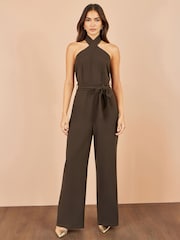 Yumi Brown Cross Over Halter Neck Jumpsuit - Image 1 of 5