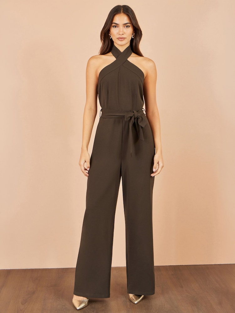 Yumi Brown Cross Over Halter Neck Jumpsuit - Image 1 of 5 Yumi Brown Cross Over Halter Neck Jumpsuit - Image 1 of 5