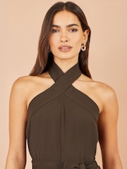 Yumi Brown Cross Over Halter Neck Jumpsuit - Image 3 of 5