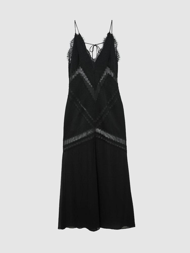 Reiss Black Veronica Lace-Trim Mesh-Detail Maxi Slip Dress - Image 2 of 9 Reiss Black Veronica Lace-Trim Mesh-Detail Maxi Slip Dress - Image 2 of 9