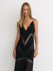 Reiss Black Veronica Lace-Trim Mesh-Detail Maxi Slip Dress - Image 4 of 9