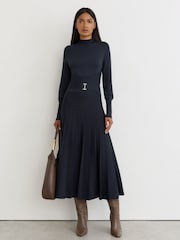 Reiss Navy Lydia Belted Pleated Knit Midi Dress - Image 1 of 7