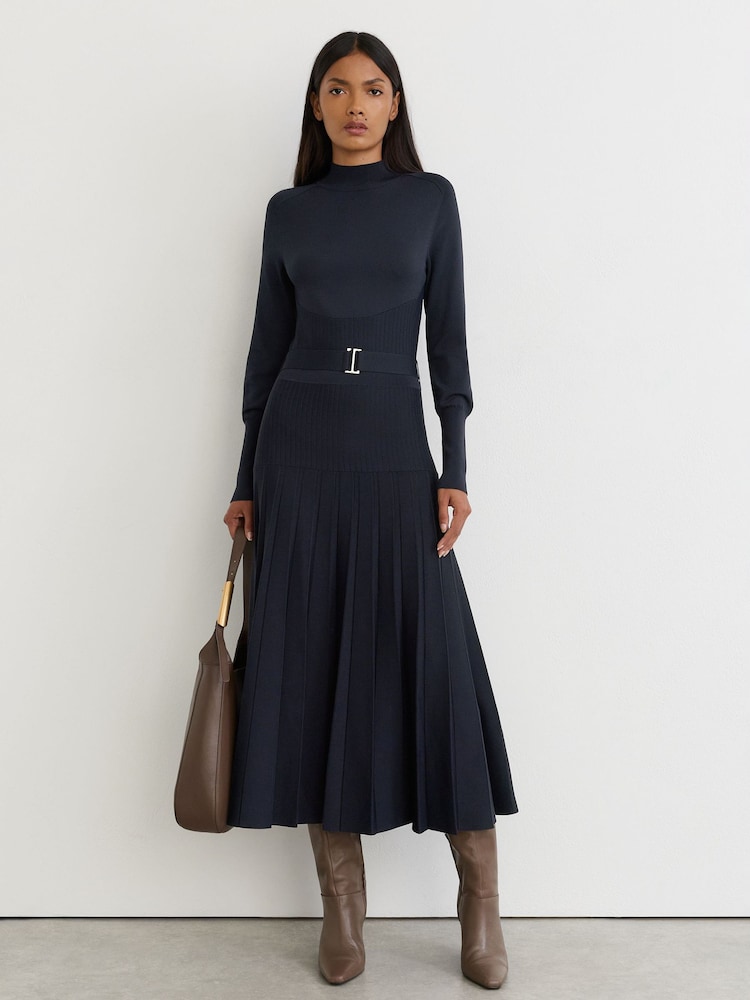 Reiss Navy Lydia Belted Pleated Knit Midi Dress - Image 1 of 7
