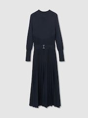 Reiss Navy Lydia Belted Pleated Knit Midi Dress - Image 2 of 7