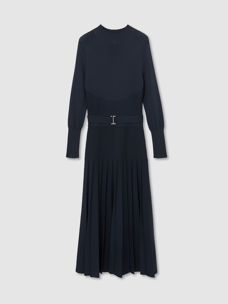 Reiss Navy Lydia Belted Pleated Knit Midi Dress - Image 2 of 7