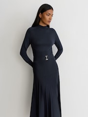 Reiss Navy Lydia Belted Pleated Knit Midi Dress - Image 3 of 7