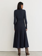 Reiss Navy Lydia Belted Pleated Knit Midi Dress - Image 6 of 7