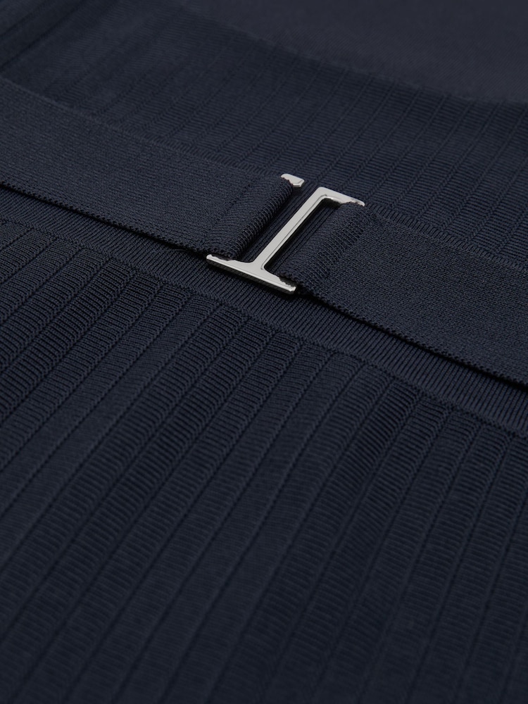 Reiss Navy Lydia Belted Pleated Knit Midi Dress - Image 7 of 7